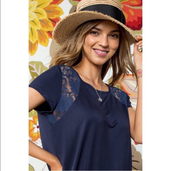 Navy Short Sleeve Top With Contrast Lace - Picture 3 of 6